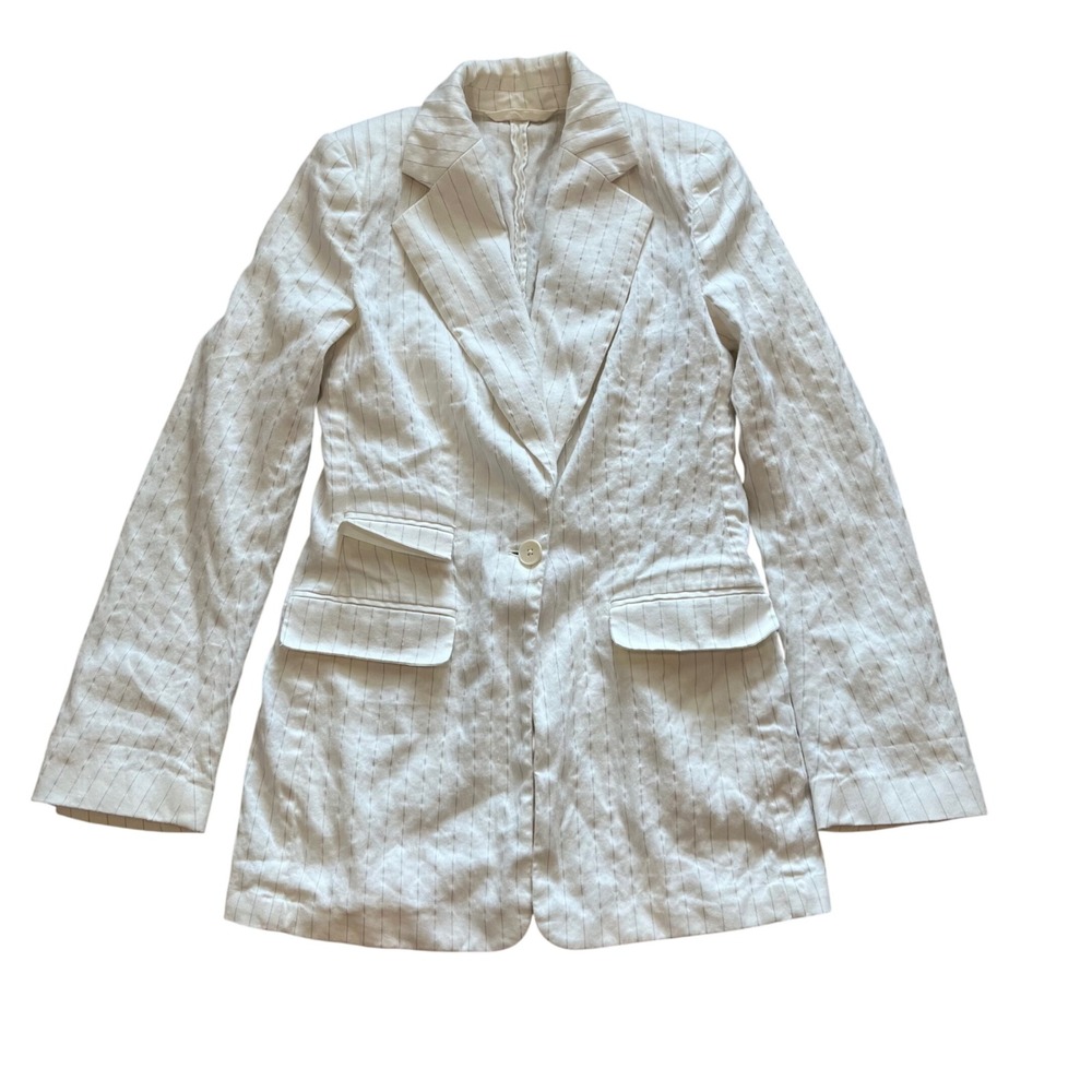 Banana Republic Pinstripe Blazer White Grey Single Button Tall 4 Longline Jacket